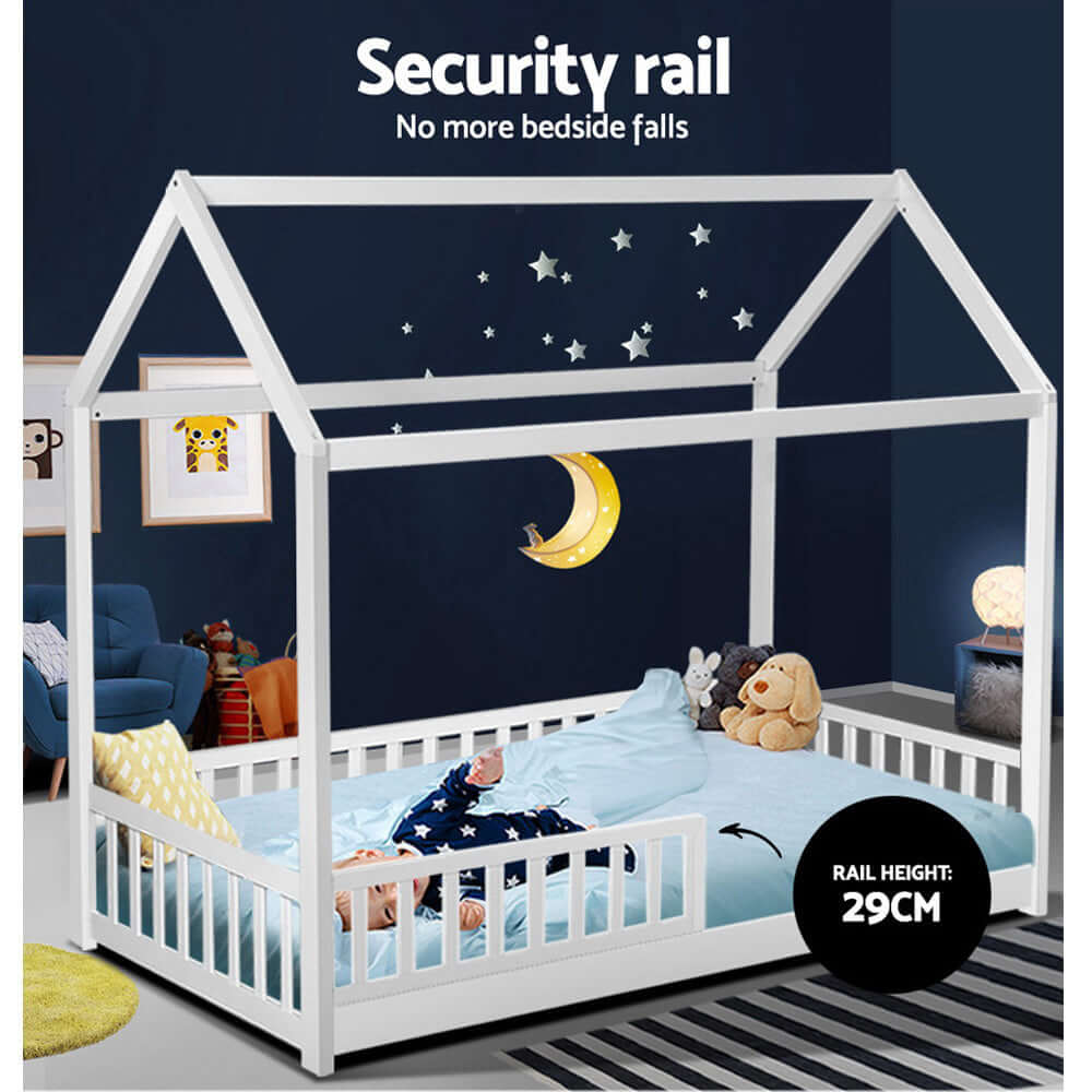 Affordable wooden kids bed frame with security rail, stylish house design in white, ideal for safe sleep.