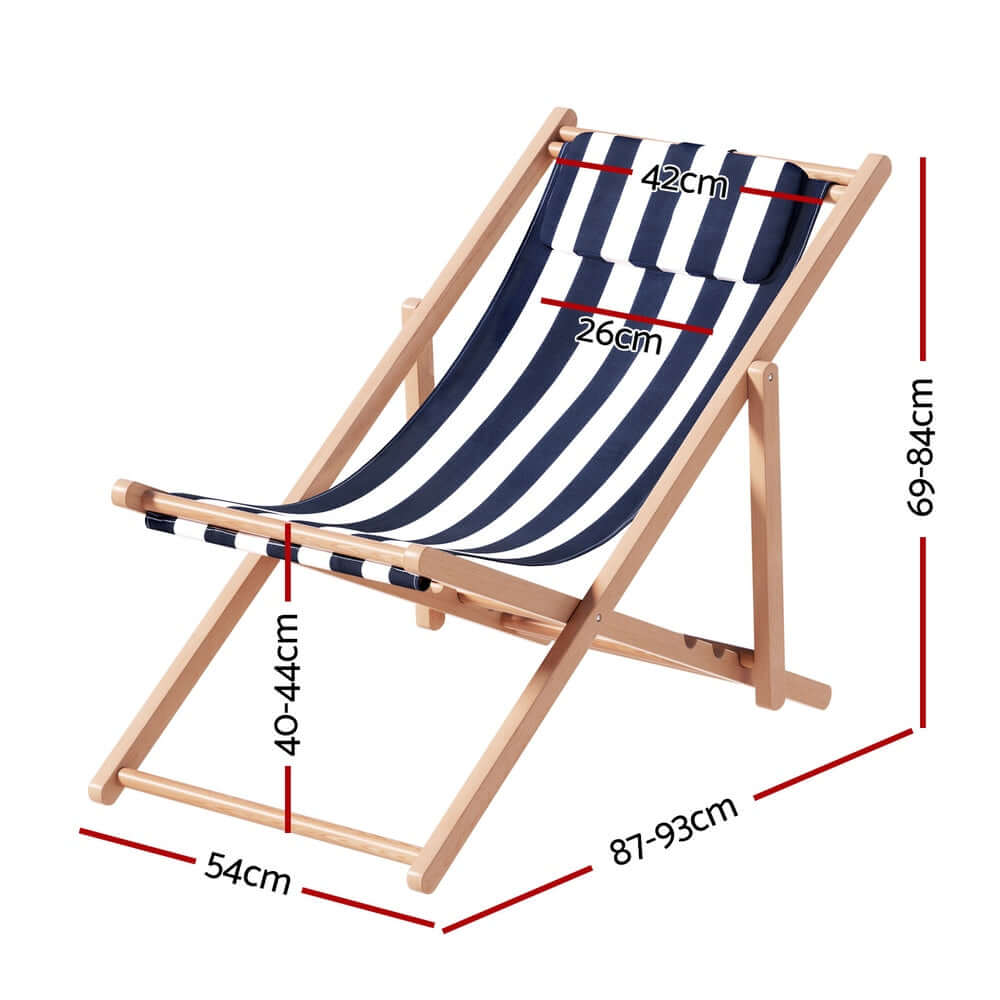 Gardeon blue wooden deck chair with adjustable positions, perfect for beach or patio relaxation, dimensions shown.