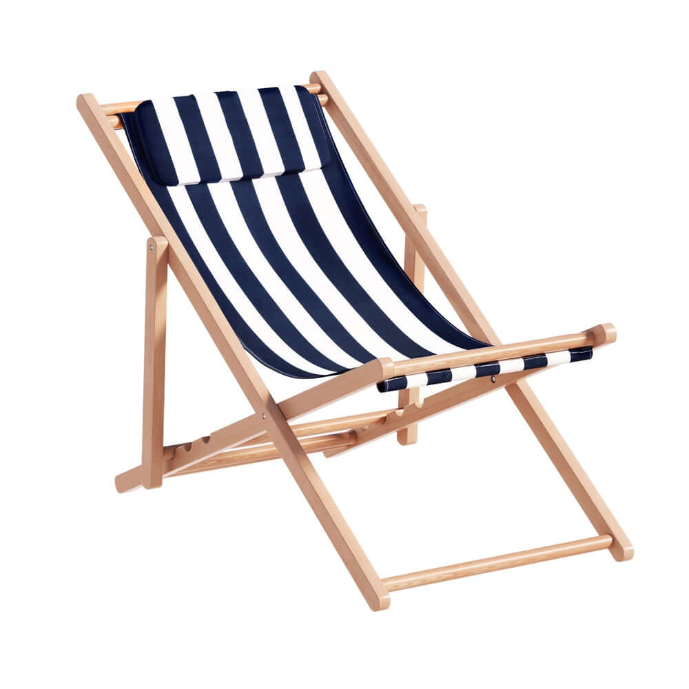 Gardeon blue and white striped wooden beach lounge chair, lightweight and adjustable for outdoor relaxation.