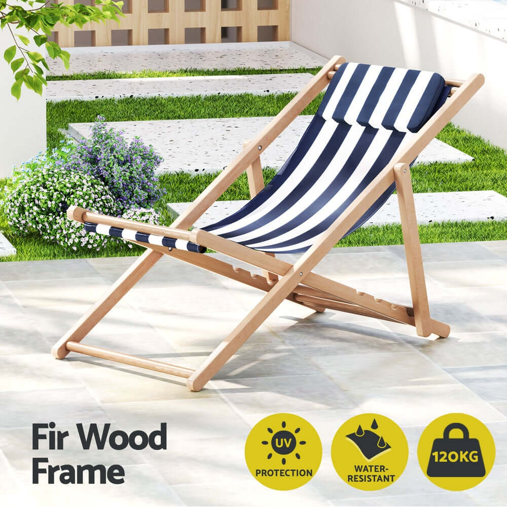 Gardeon folding beach chair with fir wood frame, UV protection, and water-resistant fabric for outdoor relaxation.