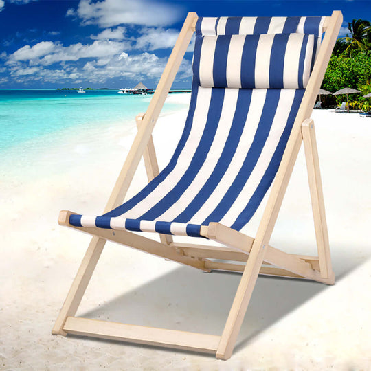 Gardeon blue and white striped wooden deck chair on a beach, perfect for outdoor relaxation and affordable luxury.