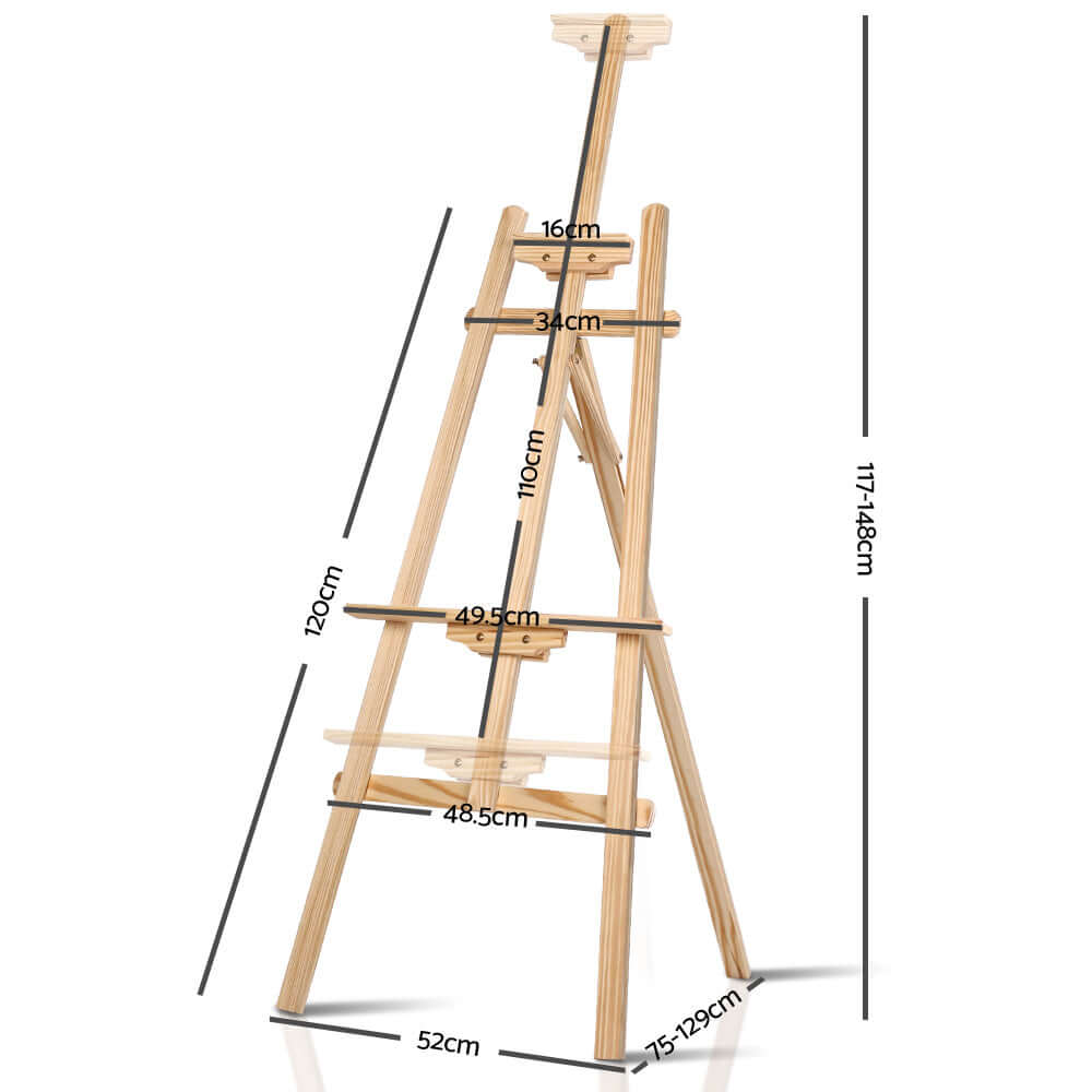 Artiss Painting Easel in pine wood with A-frame design, height adjustments, and key dimensions for DIY art projects.