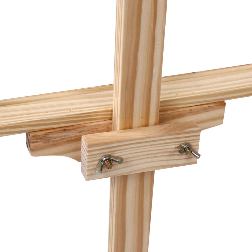 Close-up of Artiss Pine Wood Easel features, showcasing high-quality steel fixings and adjustable height for DIY artists.