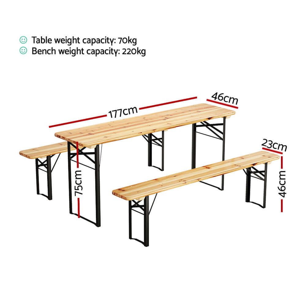 Gardeon 3 pcs outdoor furniture, featuring a wooden table and two benches, with weight capacities and dimensions displayed.