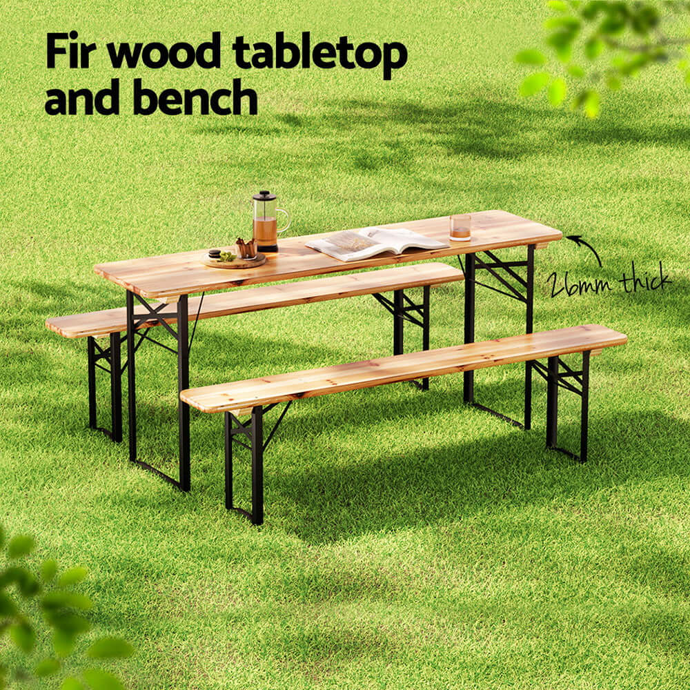 Gardeon 3 PCS Outdoor Dining Set with 26mm thick fir wood tabletop and benches, perfect for affordable backyard gatherings.