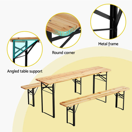 Gardeon affordable outdoor furniture set showcasing sturdy metal frame and durable fir wood tabletop with rounded corners.