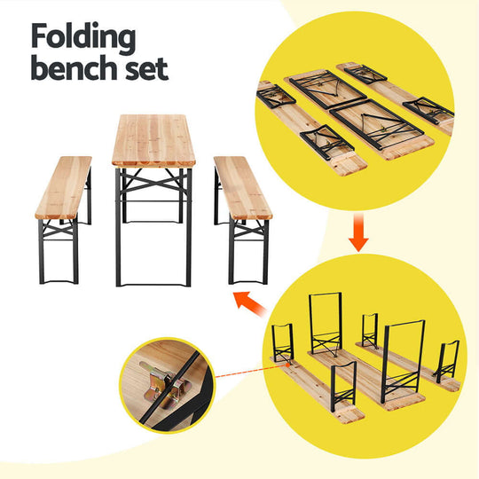 Folding bench set featuring a wooden tabletop and metal frame, highlighting easy assembly and foldable design.