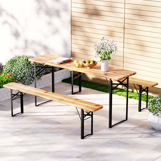 Gardeon 3 pcs outdoor furniture set with wooden table and benches in a patio setting, perfect for DIY gatherings.