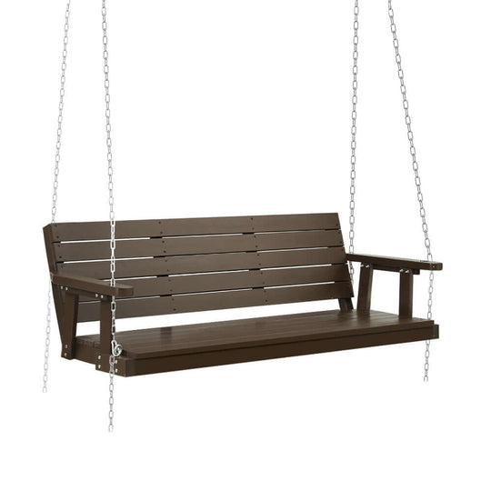 Gardeon wooden porch swing chair in brown, 3-seater outdoor furniture with chains, perfect for affordable comfort.