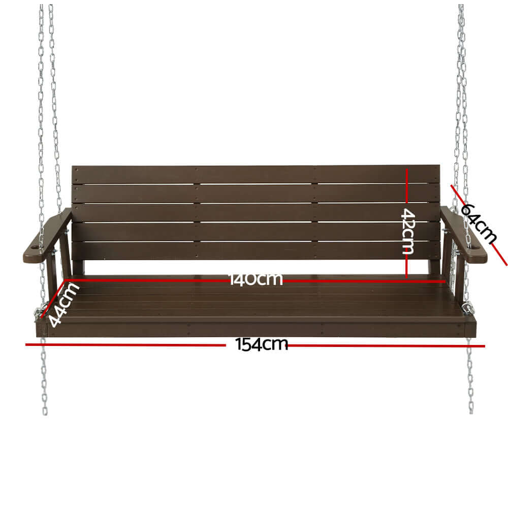 Gardeon wooden porch swing dimensions 154cm x 44cm x 42cm, comfortable 3 seater outdoor furniture for relaxing.