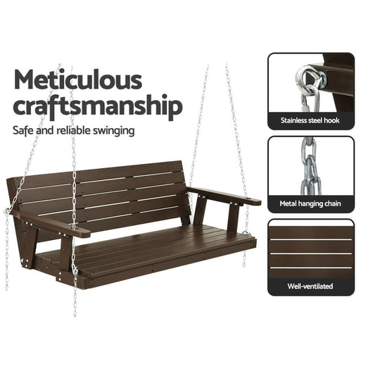 Gardeon wooden porch swing chair showcasing meticulous craftsmanship with stainless steel hooks and metal hanging chain.