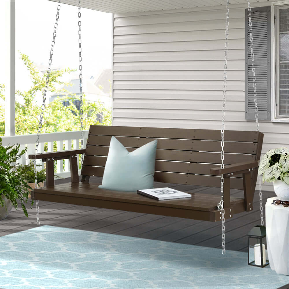 Gardeon wooden porch swing chair in brown, a stylish and affordable 3-seater outdoor furniture for relaxing moments.