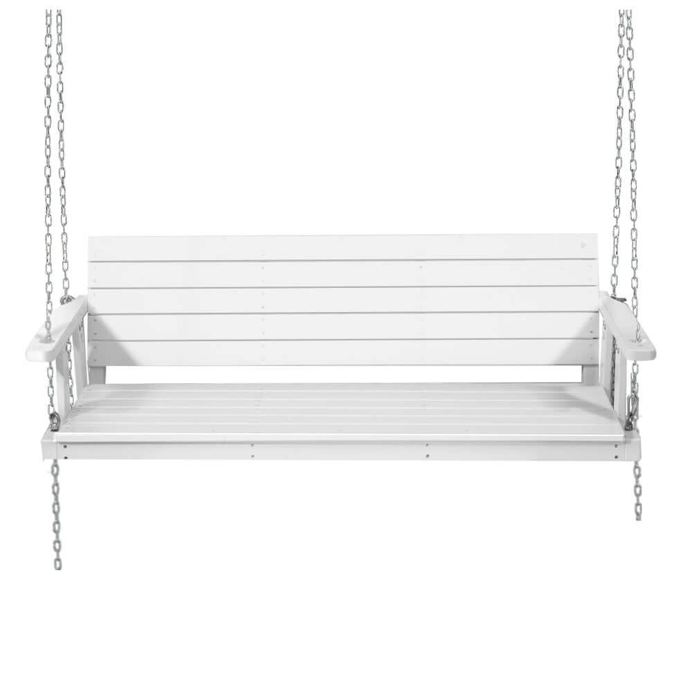 Gardeon white wooden porch swing chair, 3 seater with chains, perfect for outdoor relaxation and affordable luxury.