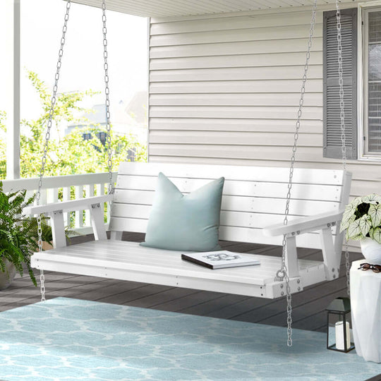 Gardeon affordable white wooden porch swing chair with cozy pillow, ideal for outdoor relaxation and leisure.