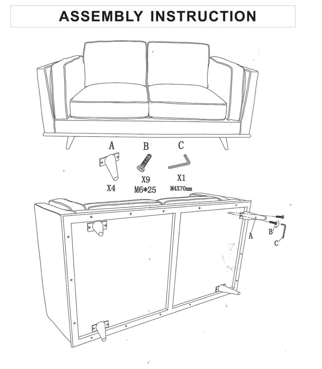 Assembly instructions for 2-seater brown faux leather sofa with wooden frame, including screws and tools layout.