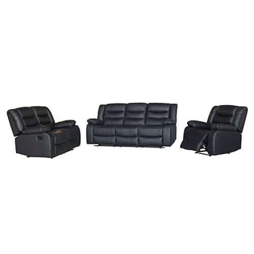 Luxurious black faux leather 3+2+1 recliner sofa set with plush cushioning and spacious armrests, perfect for affordable comfort.