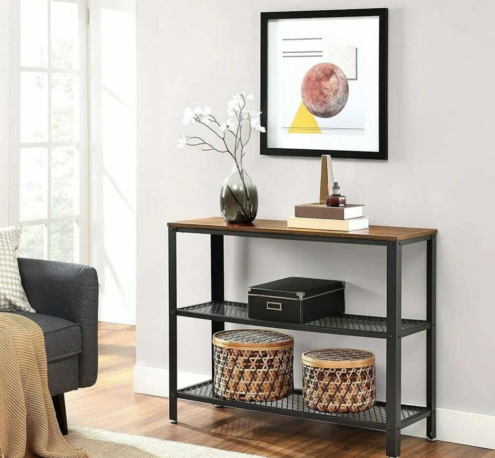 Affordable and quality DIY shelf with decorative items, perfect for a modern living room setup.