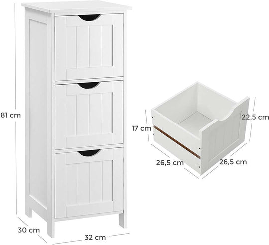 White VASAGLE floor cabinet with 3 drawers, dimensions shown; affordable, quality, DIY furniture with a chic Nordic style.