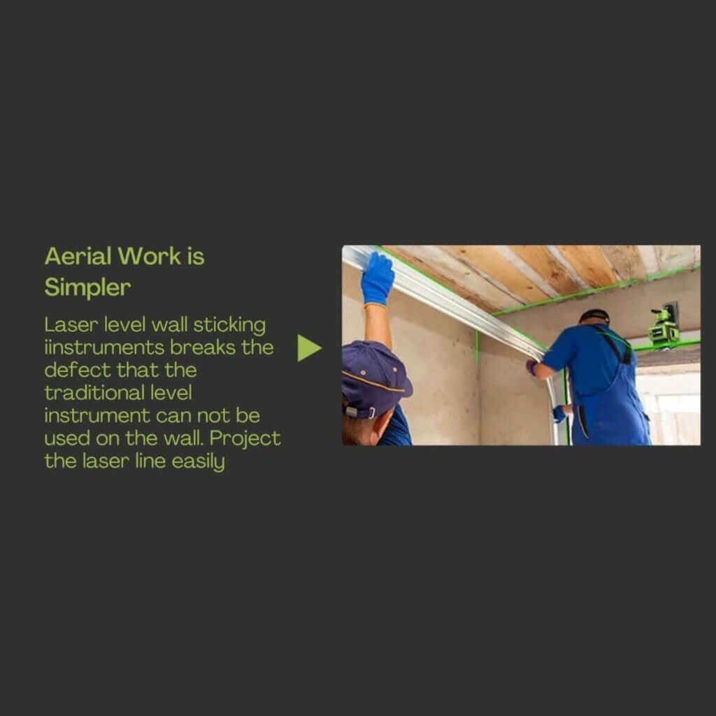 Workers using a RYNOMATE Laser Level for ceiling installation, showcasing the ease of aerial work with bright green laser lines.