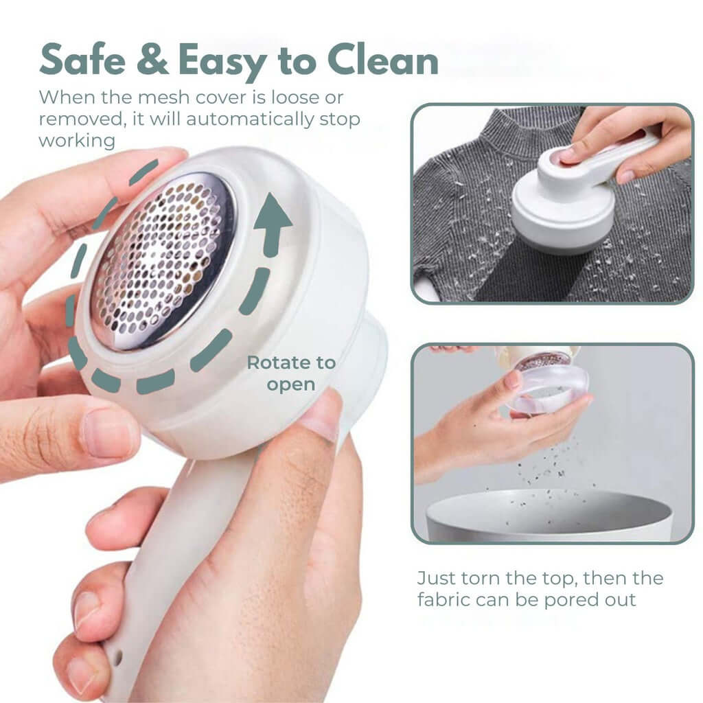 Hands using GOMINIMO fabric shaver, demonstrating easy cleaning and rotating mesh cover for effortless maintenance.