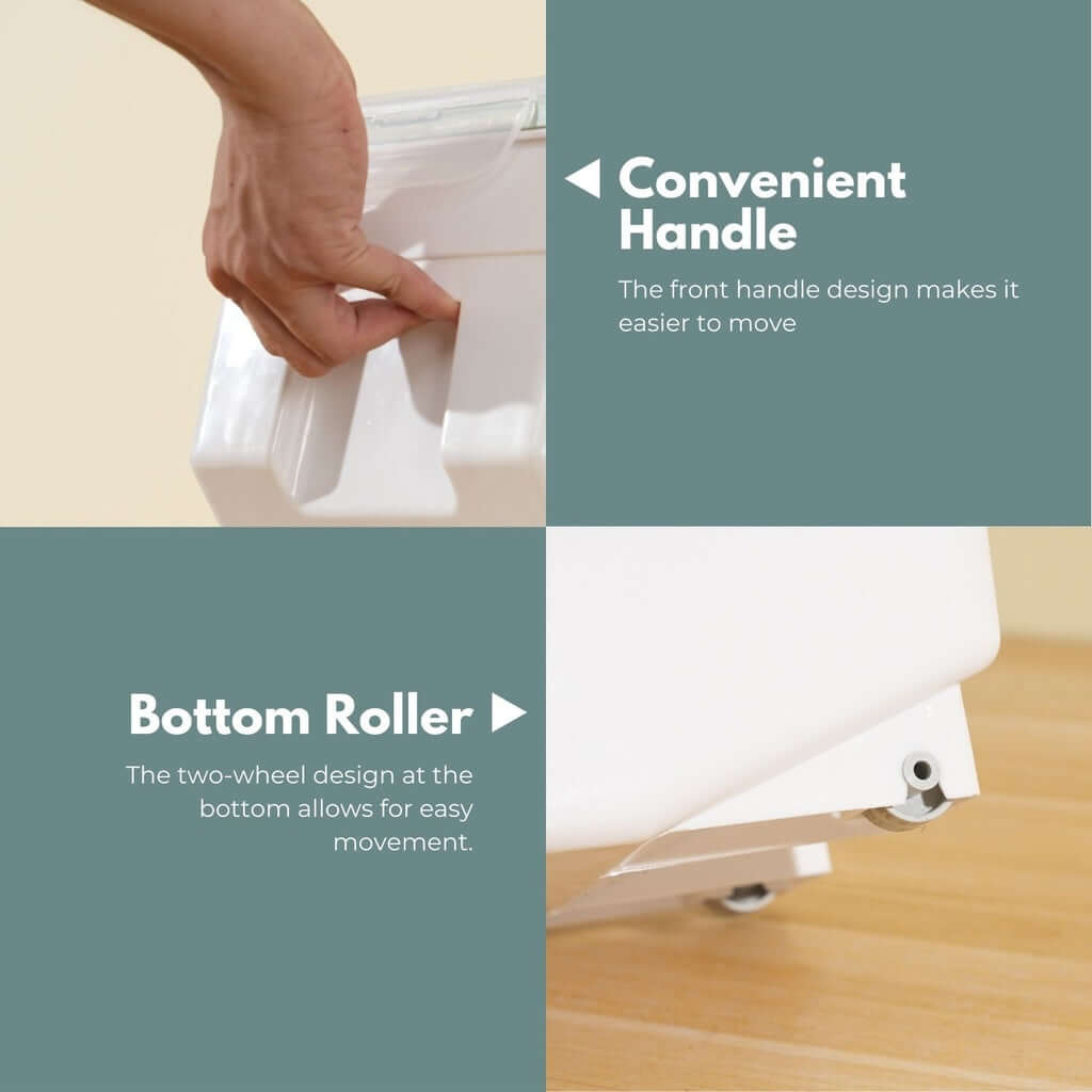 Image showing features of Gominimo airtight food storage container: convenient handle for easy movement and bottom roller design.