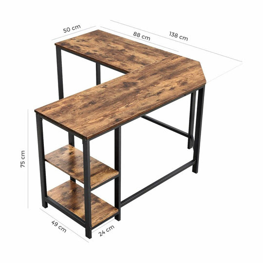 Affordable quality homewares value furniture L-shaped wooden desk with metal frame and shelving, dimensions 138x75x88 cm.