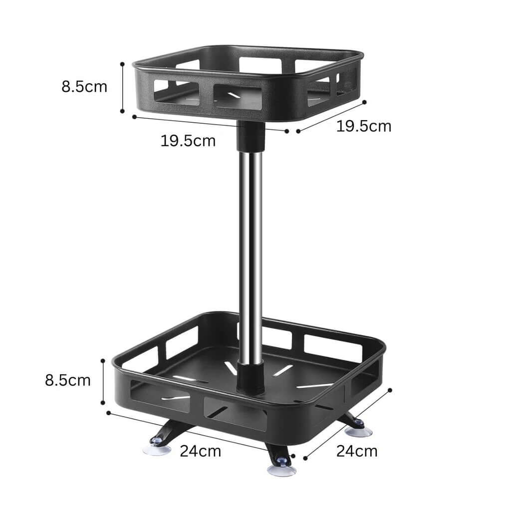 GOMINIMO 2 Tier Rotating Spice Rack in black, featuring 360° rotation and dimensions for versatile home organization.