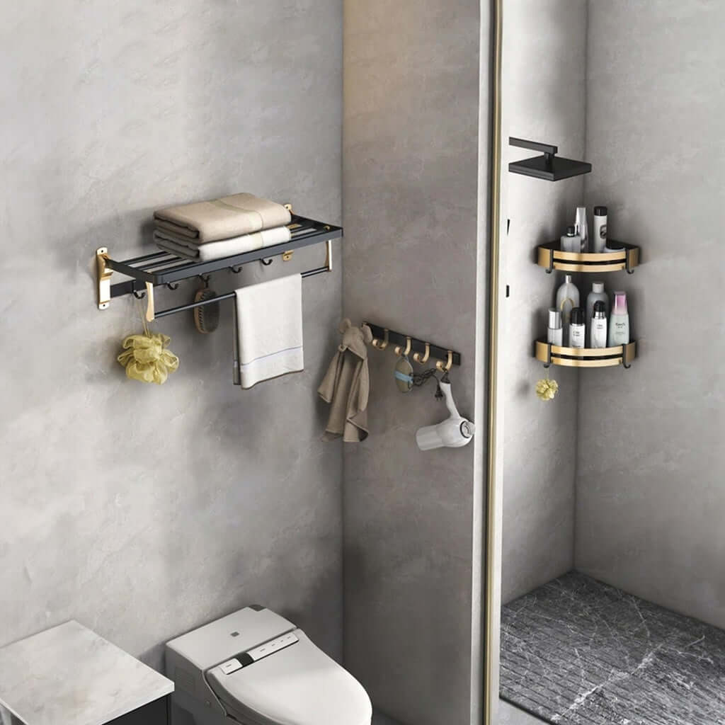 Luxurious black gold bathroom accessory set with towel holder, hooks, and shelves, perfect for affordable and stylish DIY upgrades.