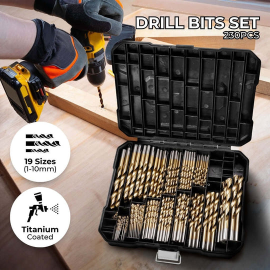 RYNOMATE 230 pcs drill bits set in black case, featuring titanium coating and 19 sizes for precise DIY drilling applications.