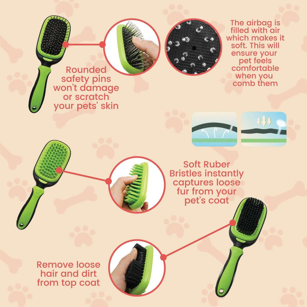 Infographic showing features of Floofi pet grooming brushes: rounded safety pins, airbag comfort, soft rubber bristles.