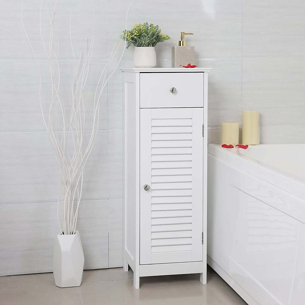 Affordable VASAGLE floor cabinet in white with drawer and door, ideal for DIY home decor in small spaces, offering luxe quality.