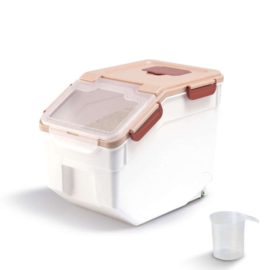 Gominimo airtight food storage container for rice and grains with convenient locking mechanism and measuring cup.