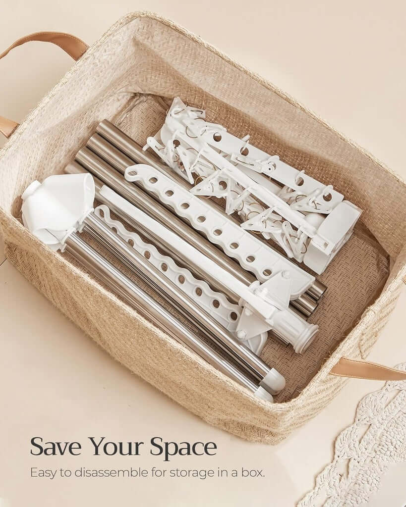 Disassembled parts of a clothes drying rack stored in a woven basket for easy organization and space-saving.