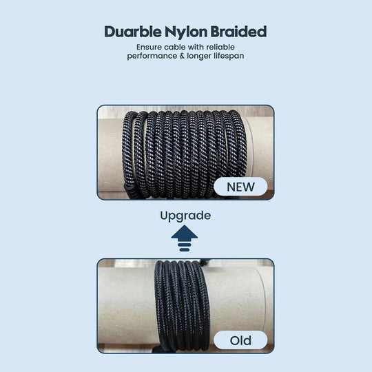 Comparison of new and old durable nylon braided cables showing upgrade in performance and longer lifespan.