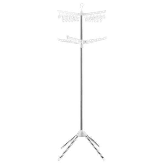 SONGMICS 2-Tier Clothes Drying Rack in white and silver with rotatable arms and clips for space-saving drying.