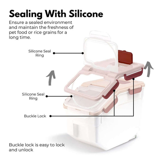 Gominimo airtight storage container with silicone seal rings and buckle lock for freshness of food grains and pet supplies.