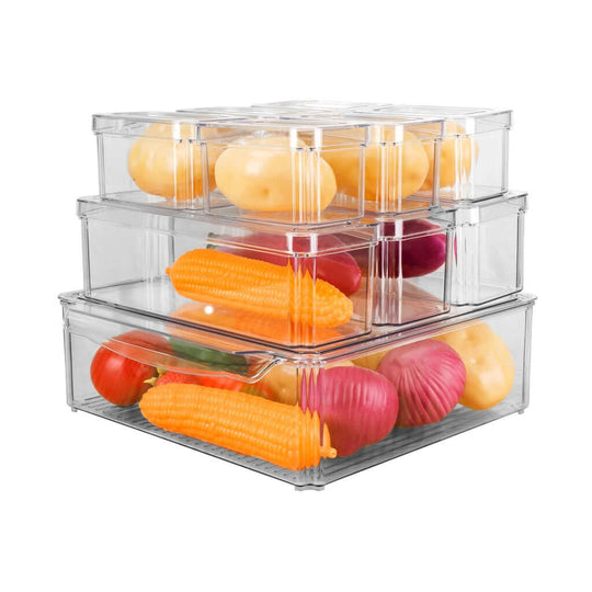 Stackable clear fridge organizer bins holding fresh fruits and vegetables, promoting affordable and quality kitchen storage solutions.