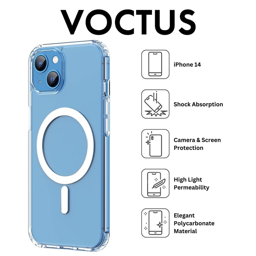 "Vuctus iPhone 14 case with shock absorption, camera protection, high light permeability, and polycarbonate material"