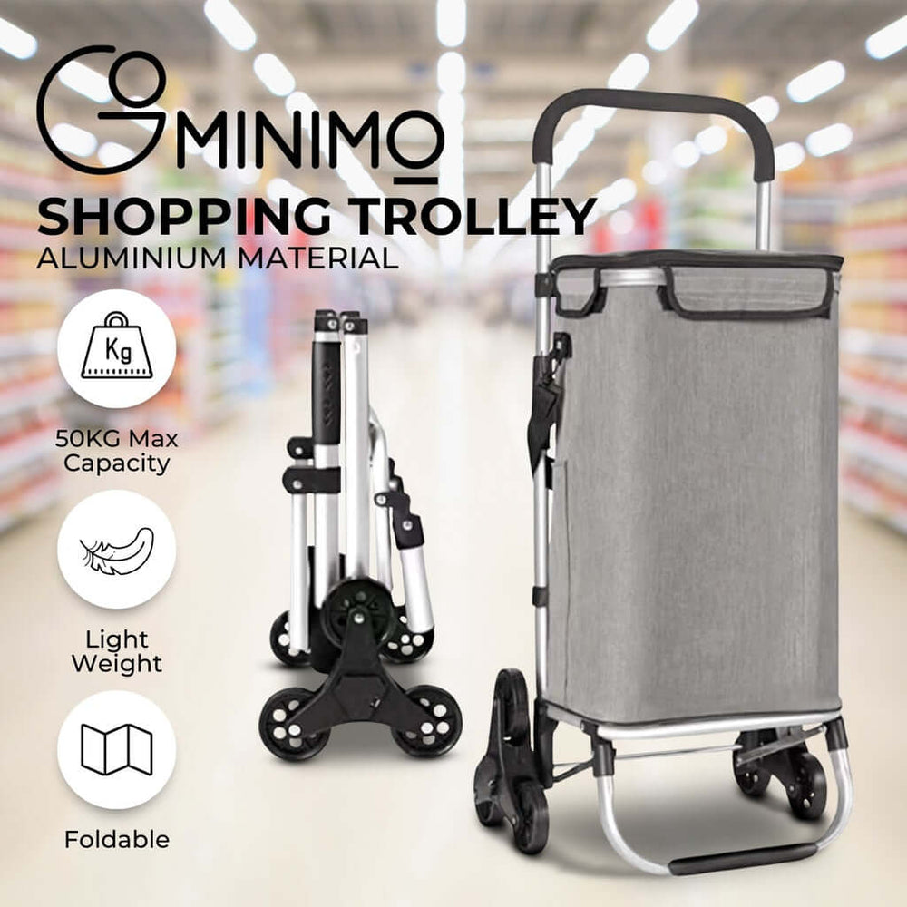 GOMINIMO foldable aluminum shopping trolley cart with tri-wheel design in grey, featuring waterproof bag, lightweight, portable, luxe.