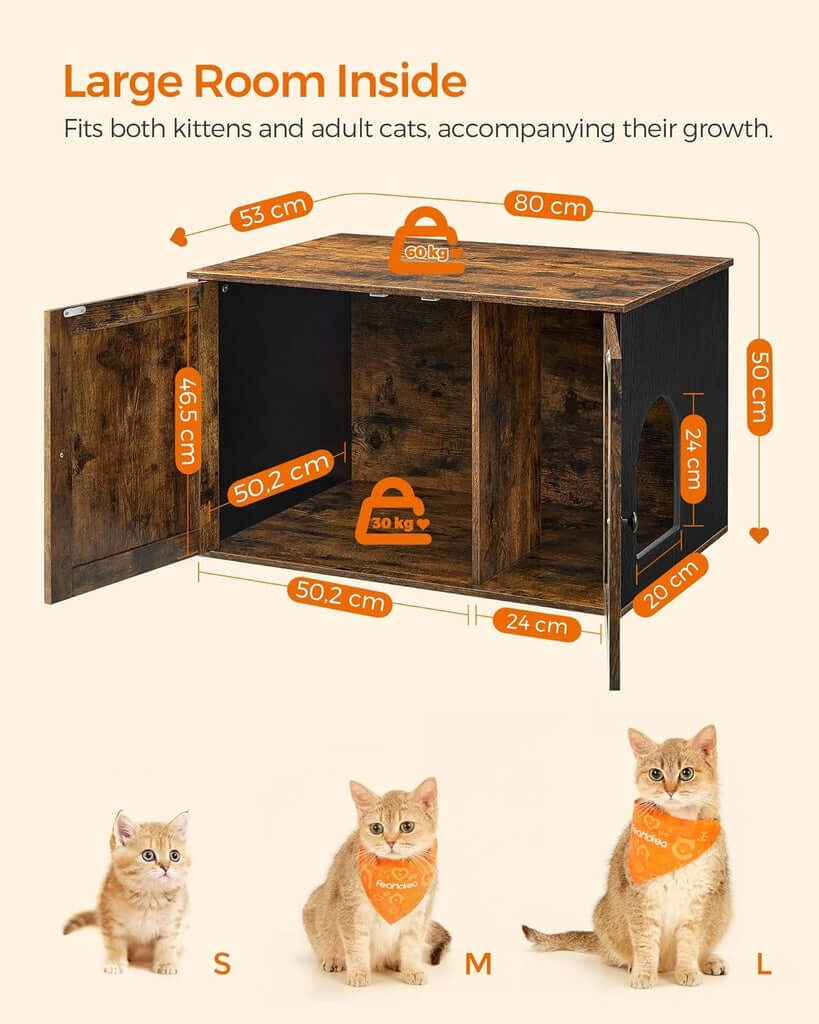 Spacious FEANDREA cat litter box with vintage brown finish, removable divider, and open door showing interior dimensions for kittens to adult cats.