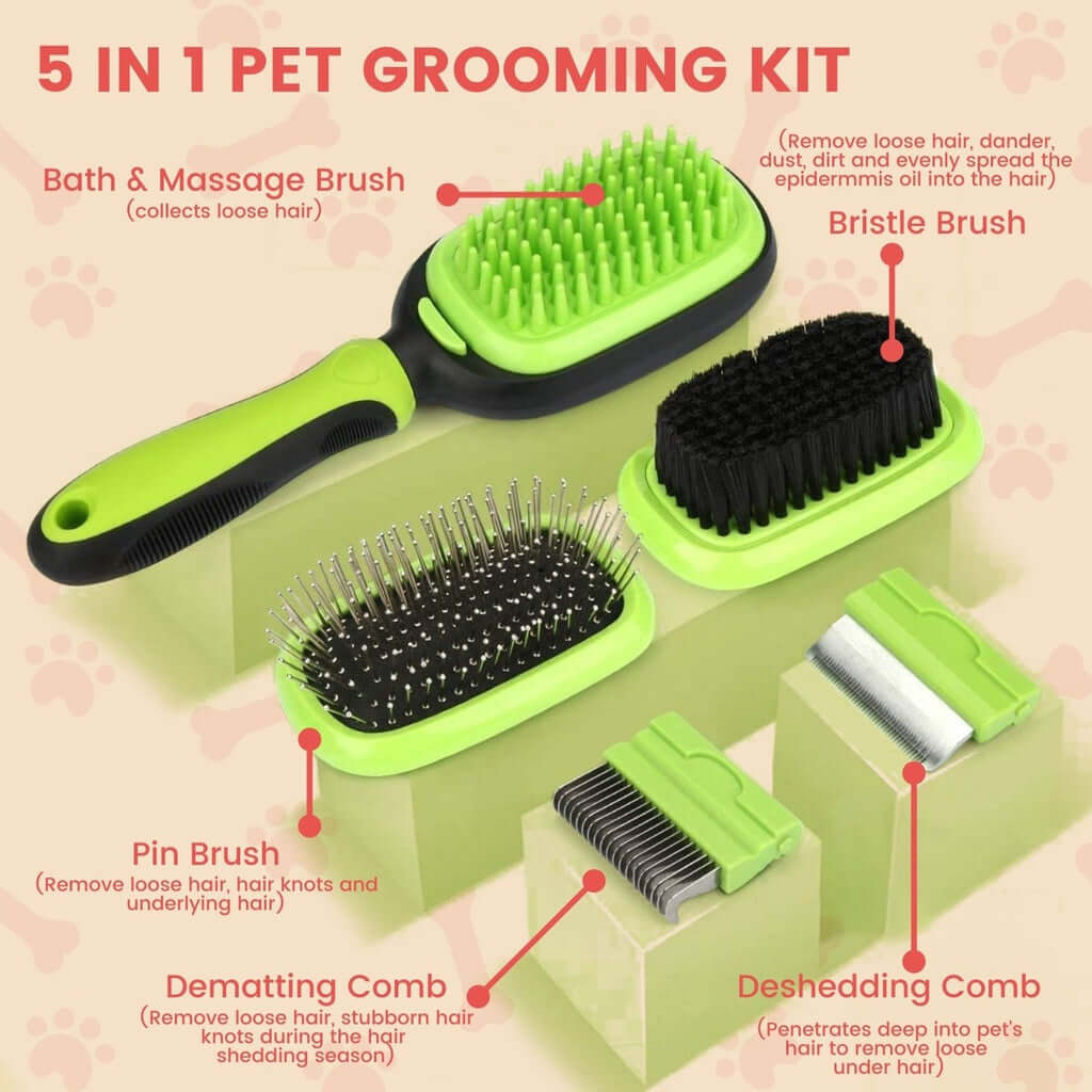 Floofi 5in1 Pet Grooming Set with various brushes and combs for DIY pet care, affordable and quality grooming solution.