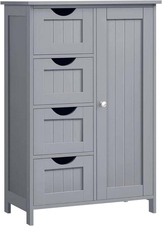 Affordable gray VASAGLE floor cabinet with 4 drawers and adjustable shelf for DIY and luxe bathroom storage solution.