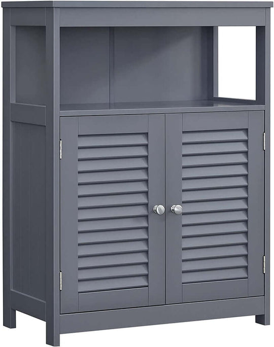 Affordable gray VASAGLE floor cabinet with shelf and louvered doors, stylish and luxe storage solution for DIY enthusiasts.