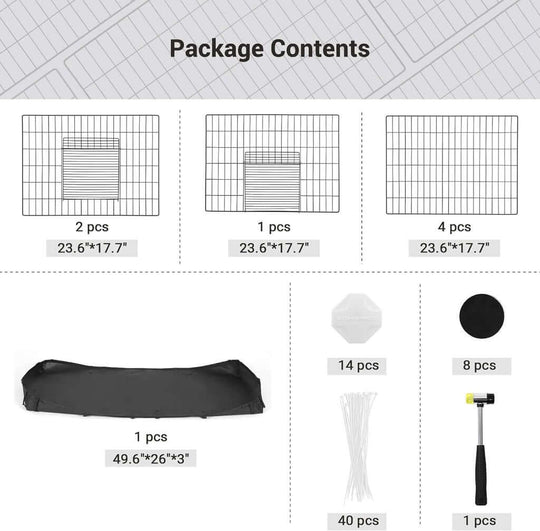 Package contents for SONGMICS 3 Doors Pet Playpen: grids, floor mat, panels, and accessories for easy setup.