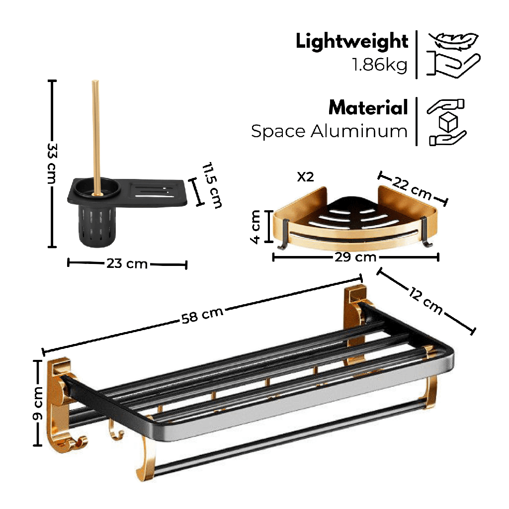 Gominimo Bathroom Wall Mount Black Gold Accessories Set B, Space Aluminum, Luxe Design, DIY, Affordable Quality, Lightweight 1.86 kg