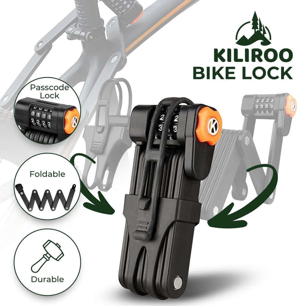 KILIROO Bike Folding Lock with passcode, foldable and durable design for affordable, DIY anti-theft bike security in black.