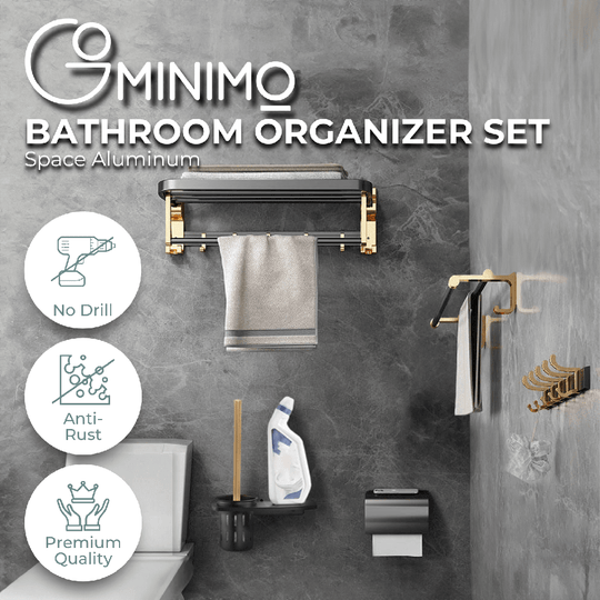 Gominimo black gold bathroom accessory set with towel holder and hooks, made of durable space aluminum, affordable DIY luxe organizer.