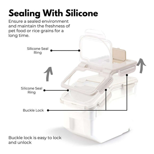 Gominimo airtight container features silicone seal and buckle lock for sealing rice grains or pet food freshness.