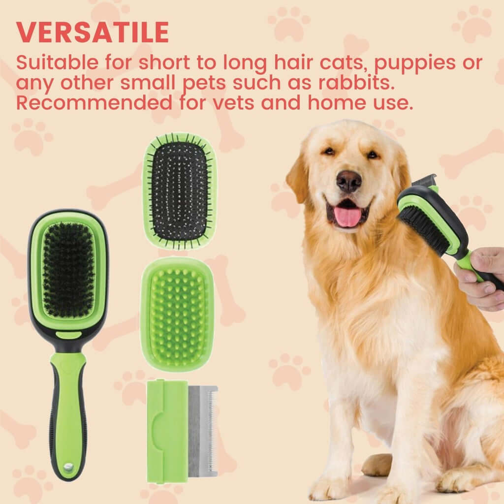 Floofi 5in1 Pet Grooming Set showcasing brushes on a golden retriever, ideal for various small pets. Affordable and versatile tool for grooming.