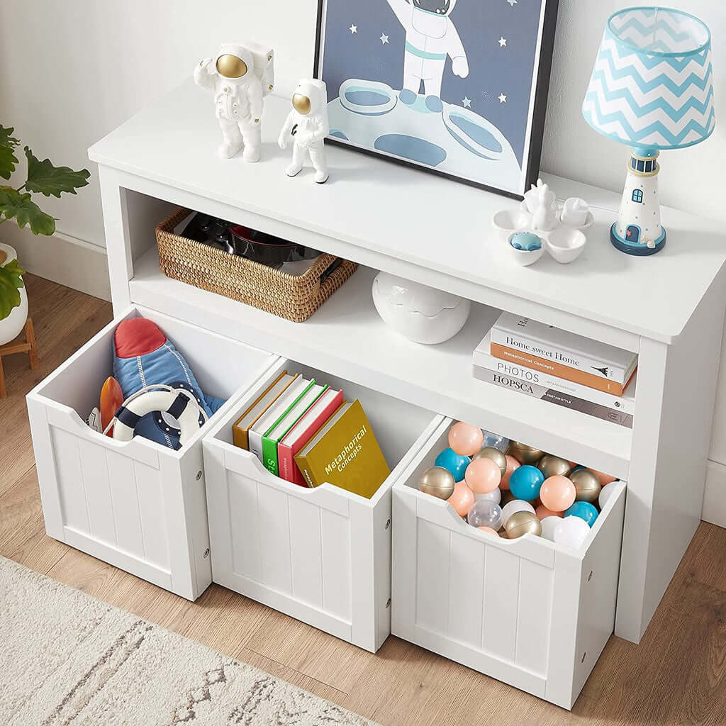 White VASAGLE storage bench with three drawers, shelf, toys, and books, ideal for kids' rooms. Affordable, quality, DIY furniture.